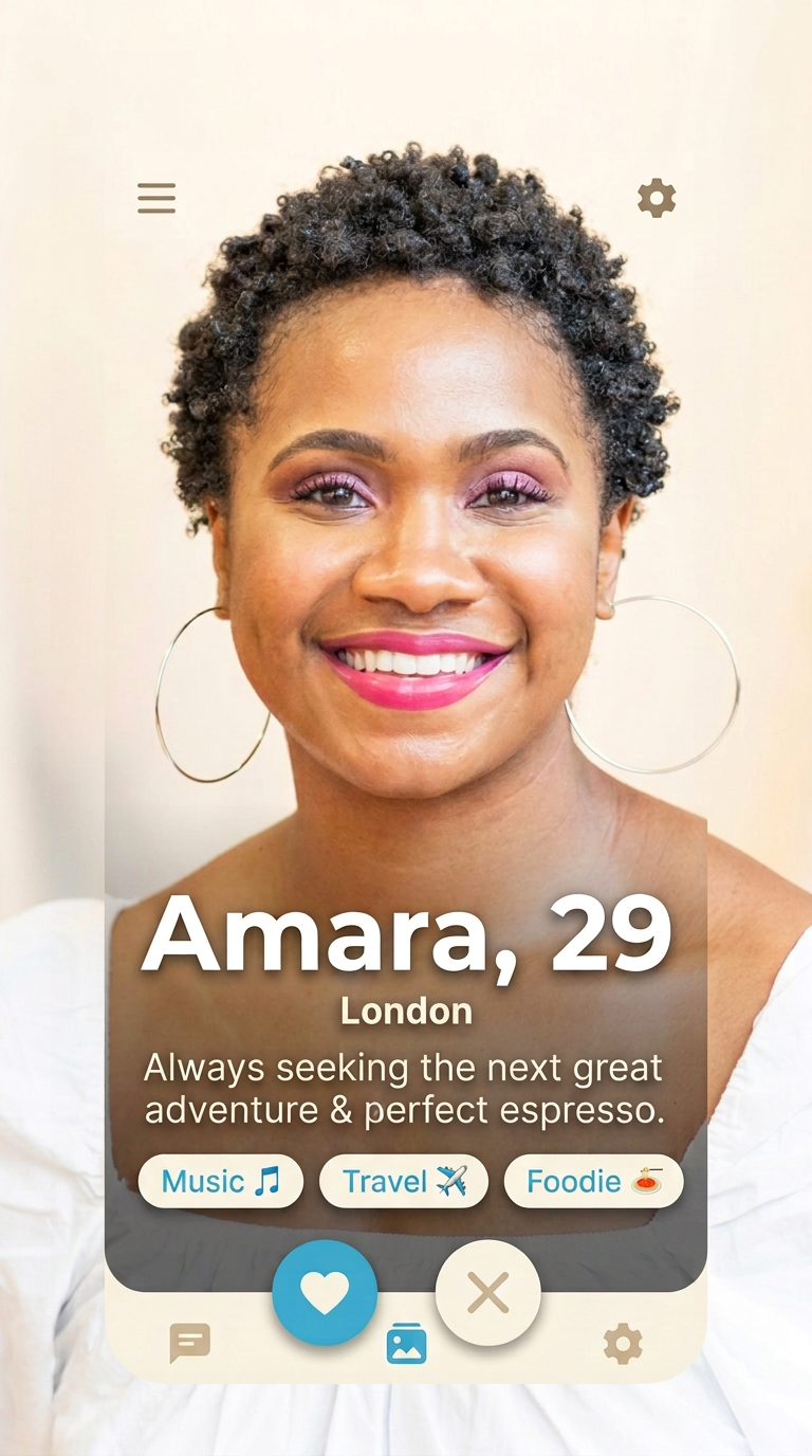 JustUs app profile screen showing Amara, 29, from London